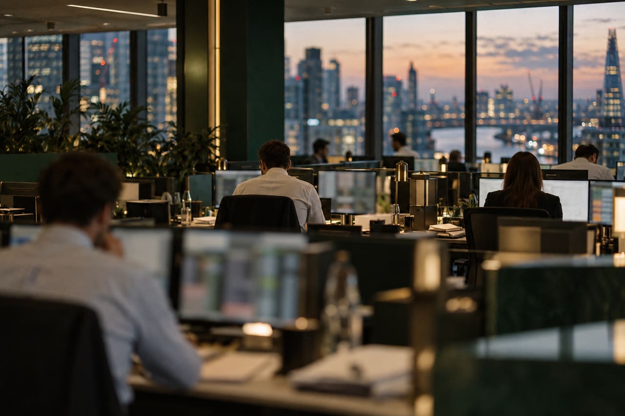 Analysts working at desks on a bank operations floor at dusk, with a city skyline beyond tall windows