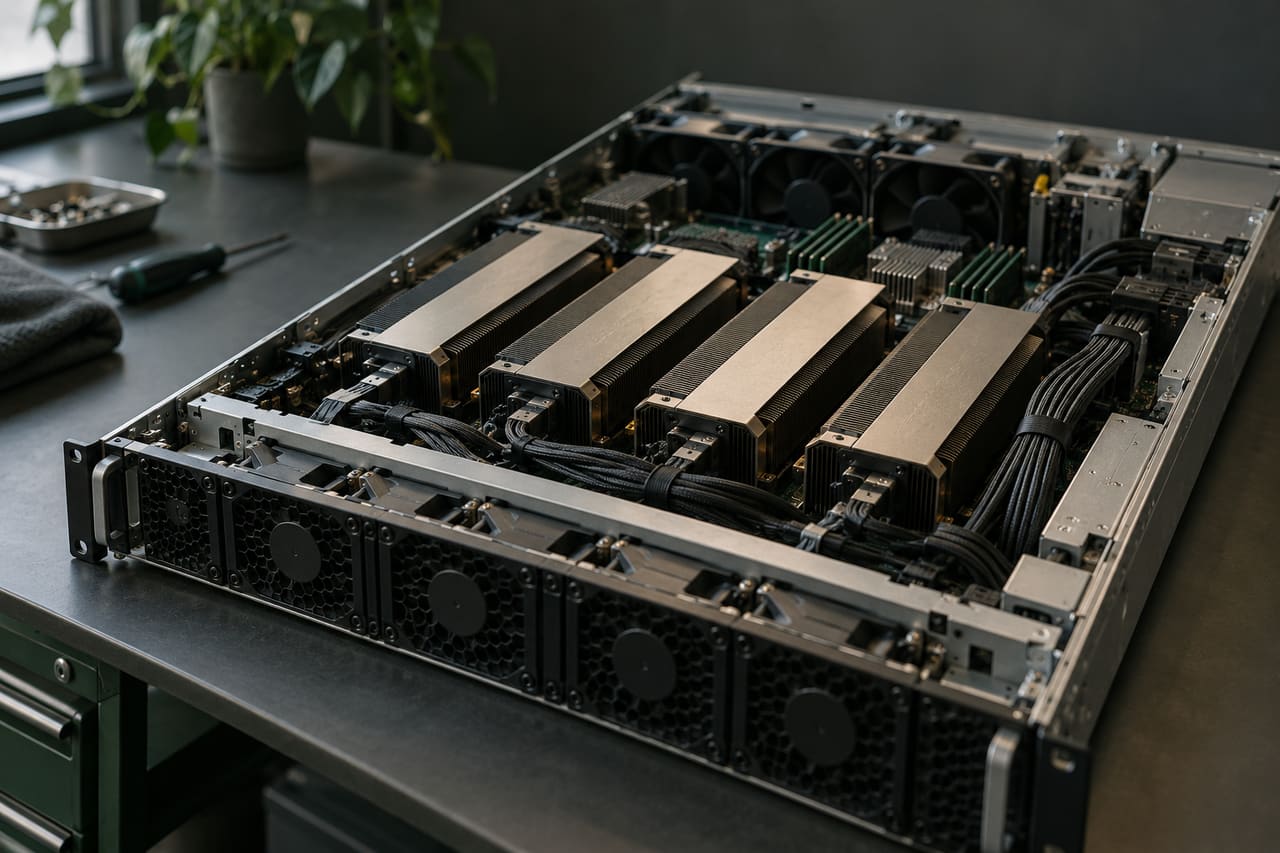 An open rack-mounted GPU server on a workbench, cover removed, showing four large heatsinks, fans and bundled power cables