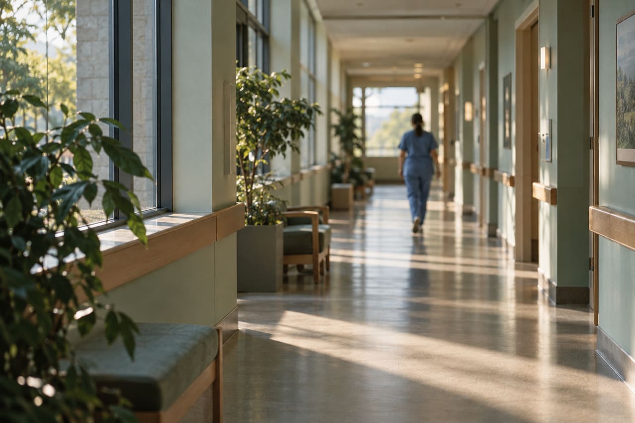 A clinician in scrubs walking down a sunlit hospital corridor with sage-green walls and wooden handrails